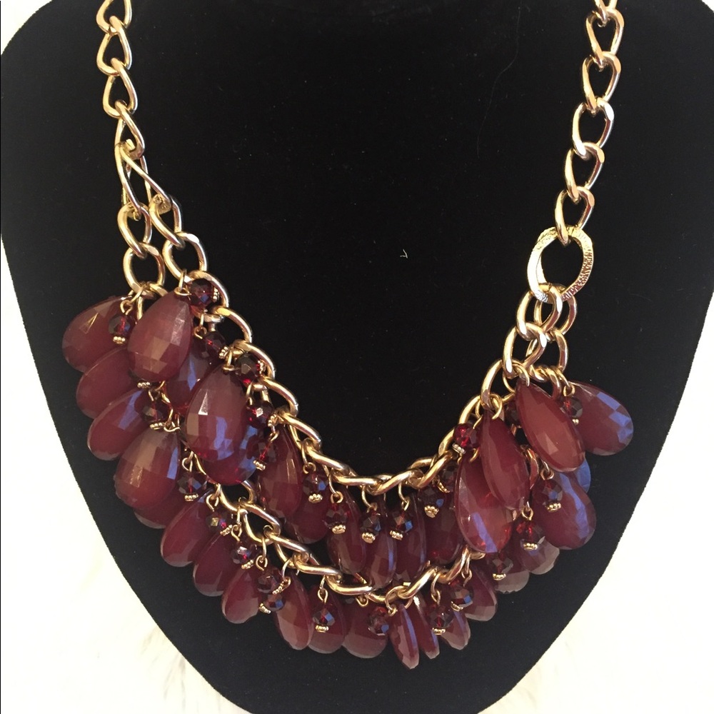 Gold and burgundy stone statement necklace